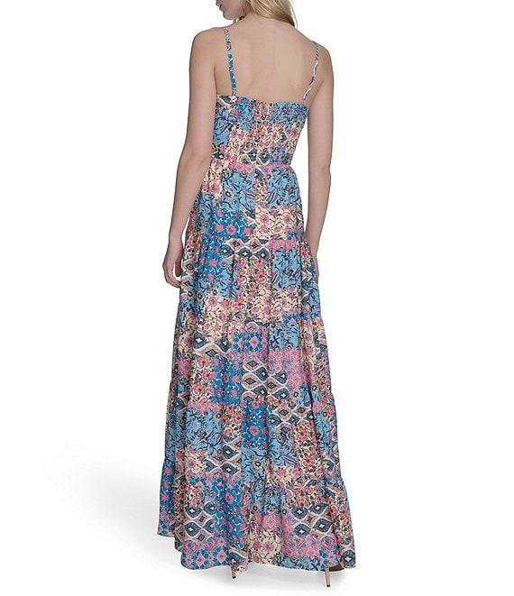 Eliza J Sweetheart Tie Front Patchwork Print Crepe De Chine Maxi Dress Product Image