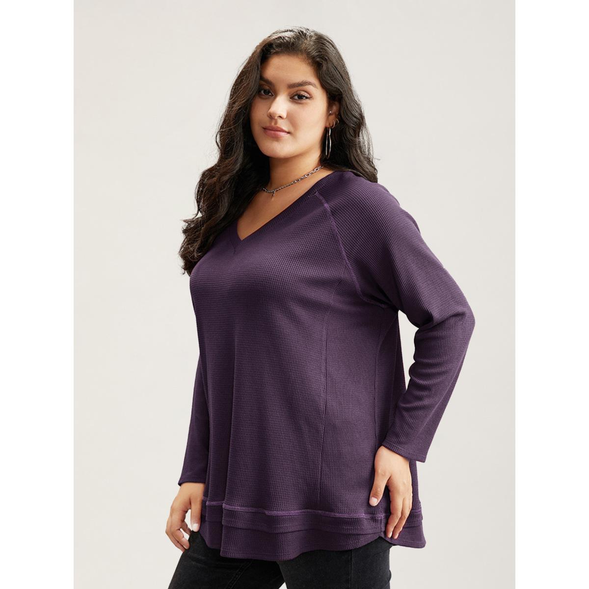 Plus Size Plain Textured Stitch Raglan Sleeve Sweatshirt Women Eggplant Leisure Plain V-neck Casual Sweatshirts BloomChic 14-16/1X Product Image