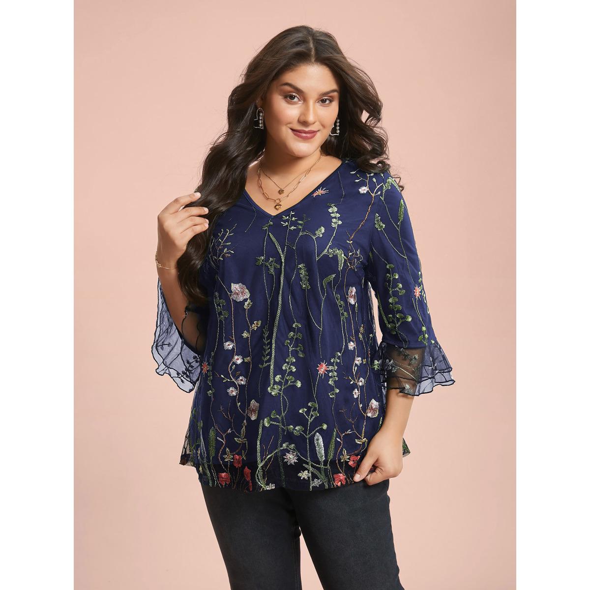 Plus Size Indigo Embroidered Mesh Lotus Leaf Sleeve Blouse Women Romantic Elbow-length sleeve V-neck Elegant Blouses BloomChic 22-24/3X Product Image