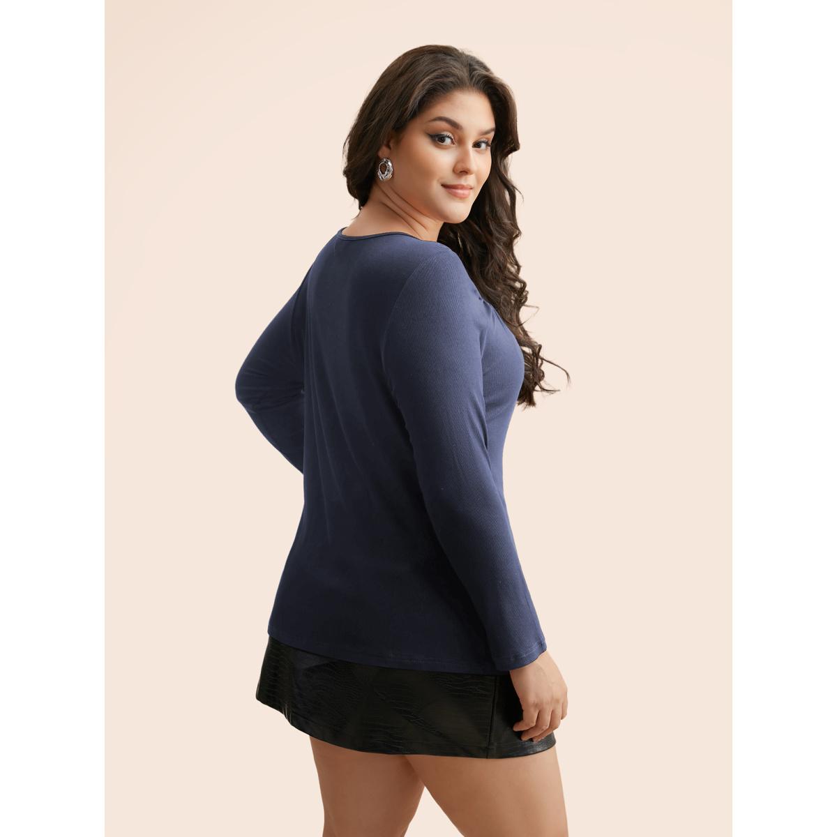 Plus Size Rib Knit Asymmetrical Neck Cut Out T-shirt Indigo Women Elegant Texture Asymmetrical Neck Skinny Everyday T-shirts BloomChic 28/5X Product Image