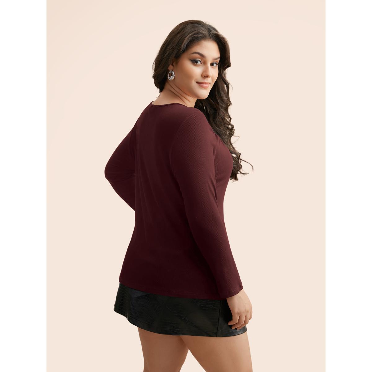 Plus Size Rib Knit Asymmetrical Neck Cut Out T-shirt Burgundy Women Elegant Texture Asymmetrical Neck Skinny Everyday T-shirts BloomChic 30/6X Product Image