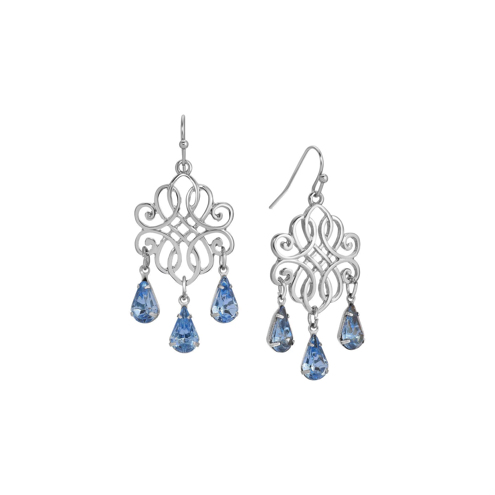 1928 Silver Tone Filigree Blue Crystal Drop Earrings, Womens Product Image