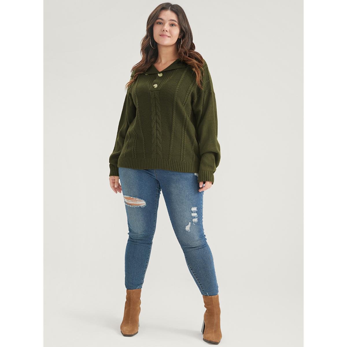 Plus Size Solid Pointelle Knit Button Lapel Collar Cable Knit Top DarkGreen Women Elegant Long Sleeve Lapel Collar Dailywear Pullovers BloomChic 10/M Product Image