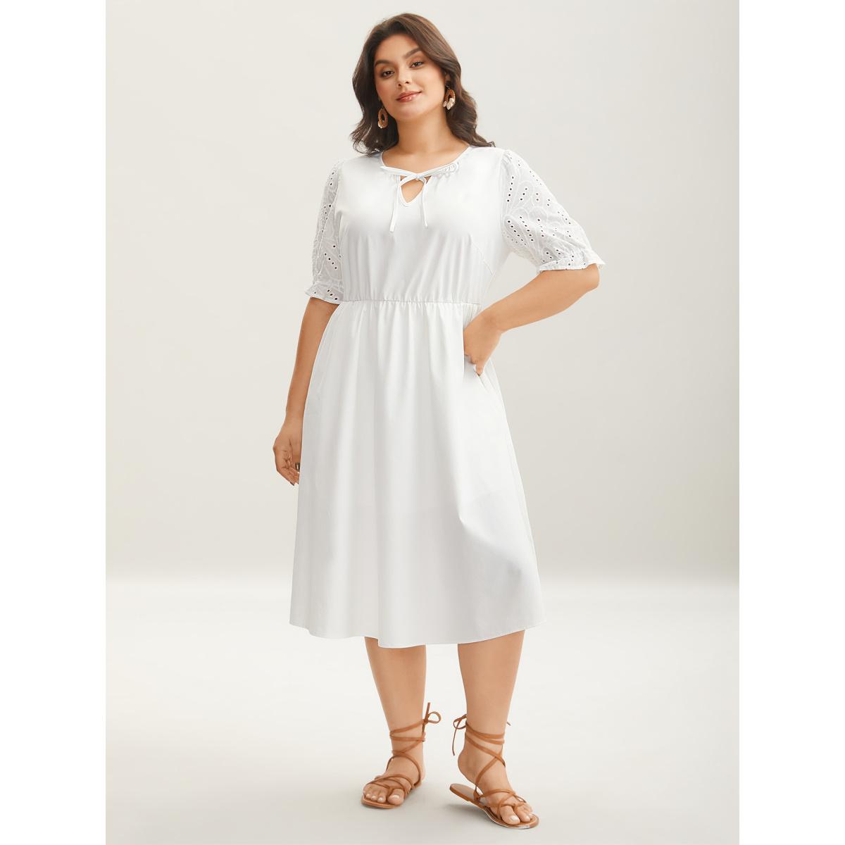 Plus Size Textured Eyelet Sleeve Pockets Midi Dress WhiteSmoke Women Flat collar with V-notch Half Sleeve Curvy BloomChic 14-16/1X Product Image