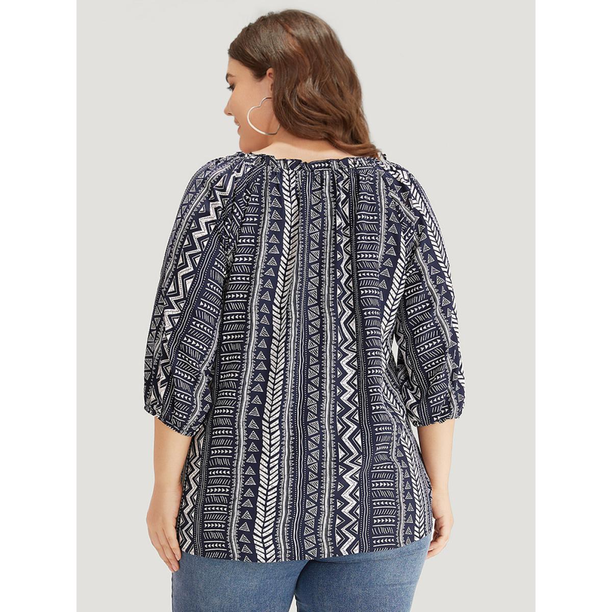 Plus Size Indigo Boho Print Frill Trim Raglan Sleeve Elastic Cuffs Blouse Women Resort Half Sleeve V-neck Vacation Blouses BloomChic 10/M Product Image