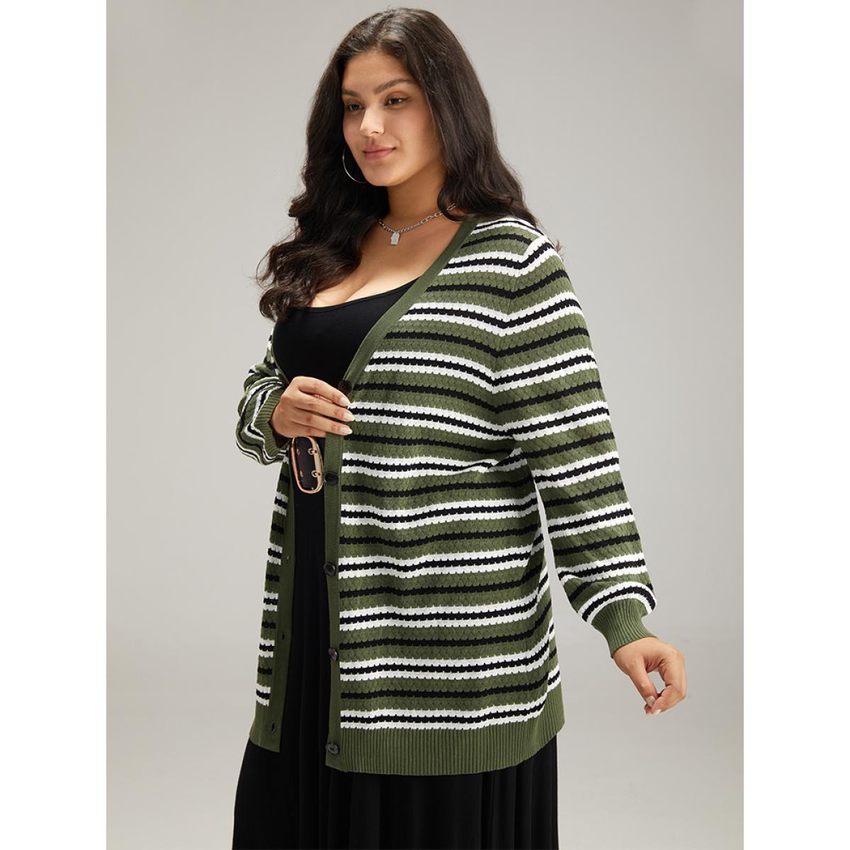 Plus Size Striped Contrast Elastic Cuffs Button Through Cardigan Multicolor Women Glamour Loose Long Sleeve Dailywear Cardigans BloomChic 10/M Product Image