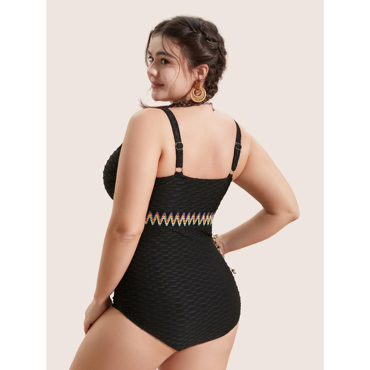 Plus Size Contrast Webbing Wrap One Piece Swimsuit Women's Swimwear Black Beach Woven ribbon&lace trim Curve Bathing Suits High stretch One Pieces BloomChic 22-24/3X Product Image