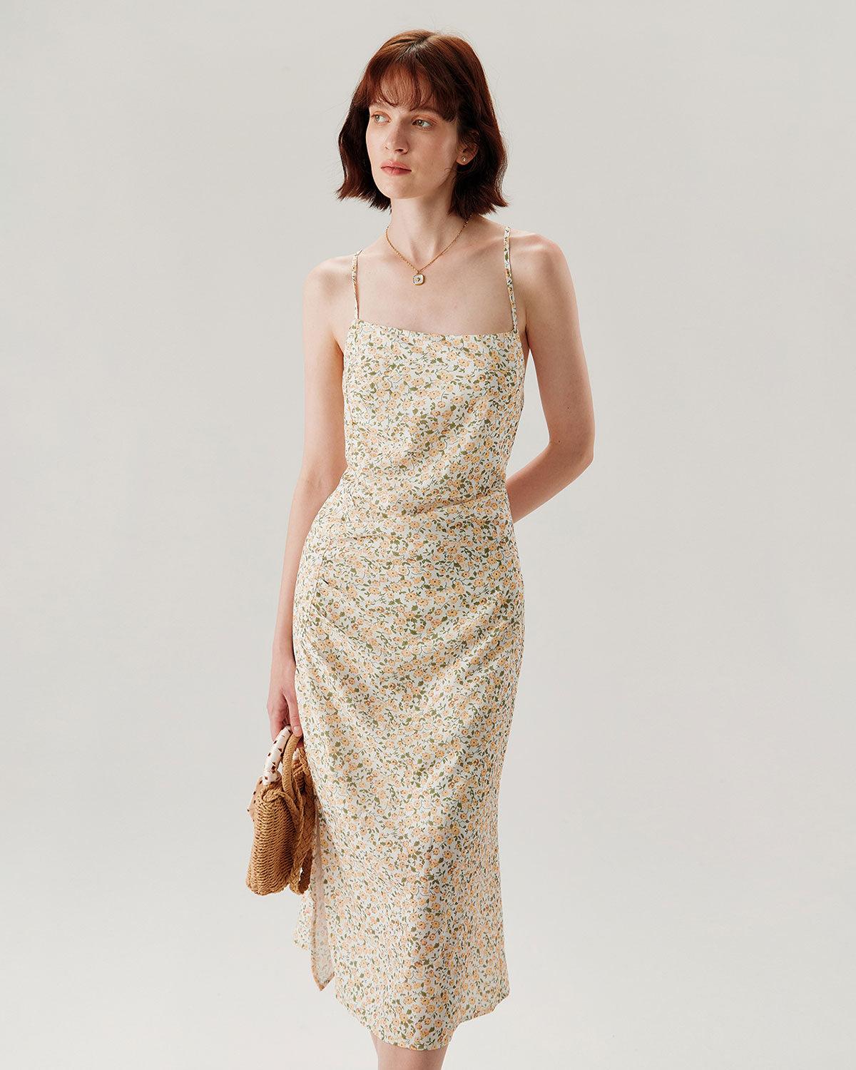 Yellow Floral Ruched Slip Midi Dress Product Image