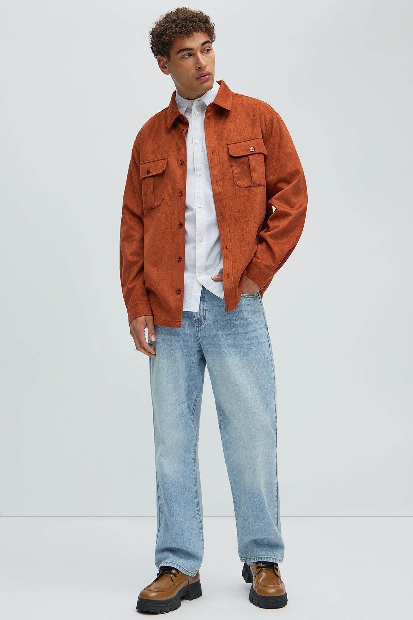 Ardee Faux Suede Button Up Shirt - Brown Product Image