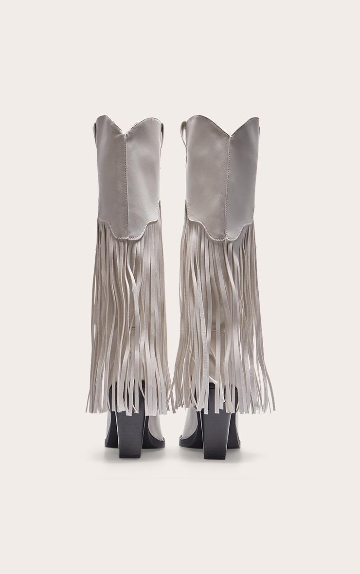 White PU Point Toe Tassel Fringed Block Heel Knee Western Boots Product Image