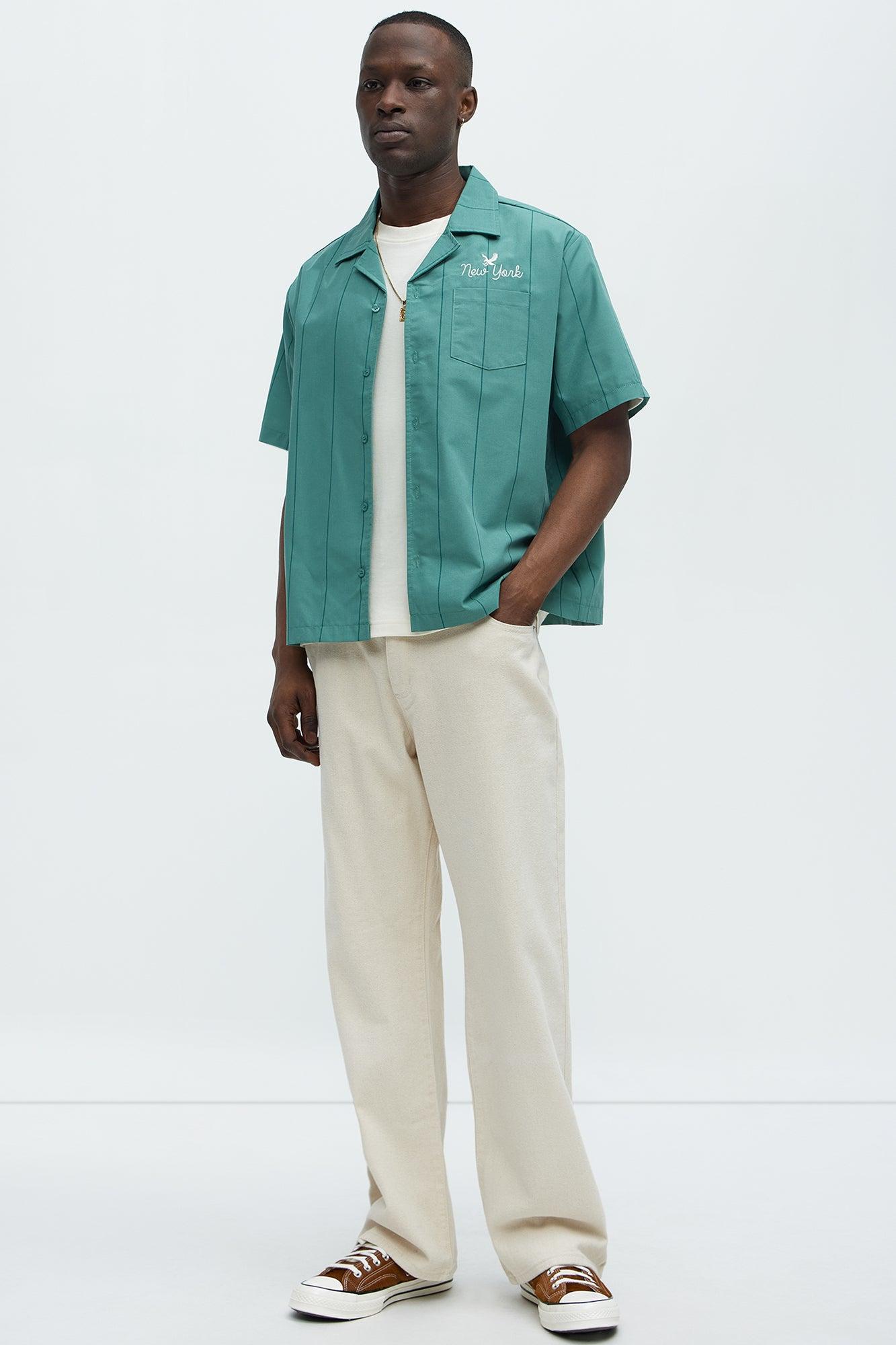 Back Embroidered Cropped Cuban Collar Button Up Shirt - Green Product Image