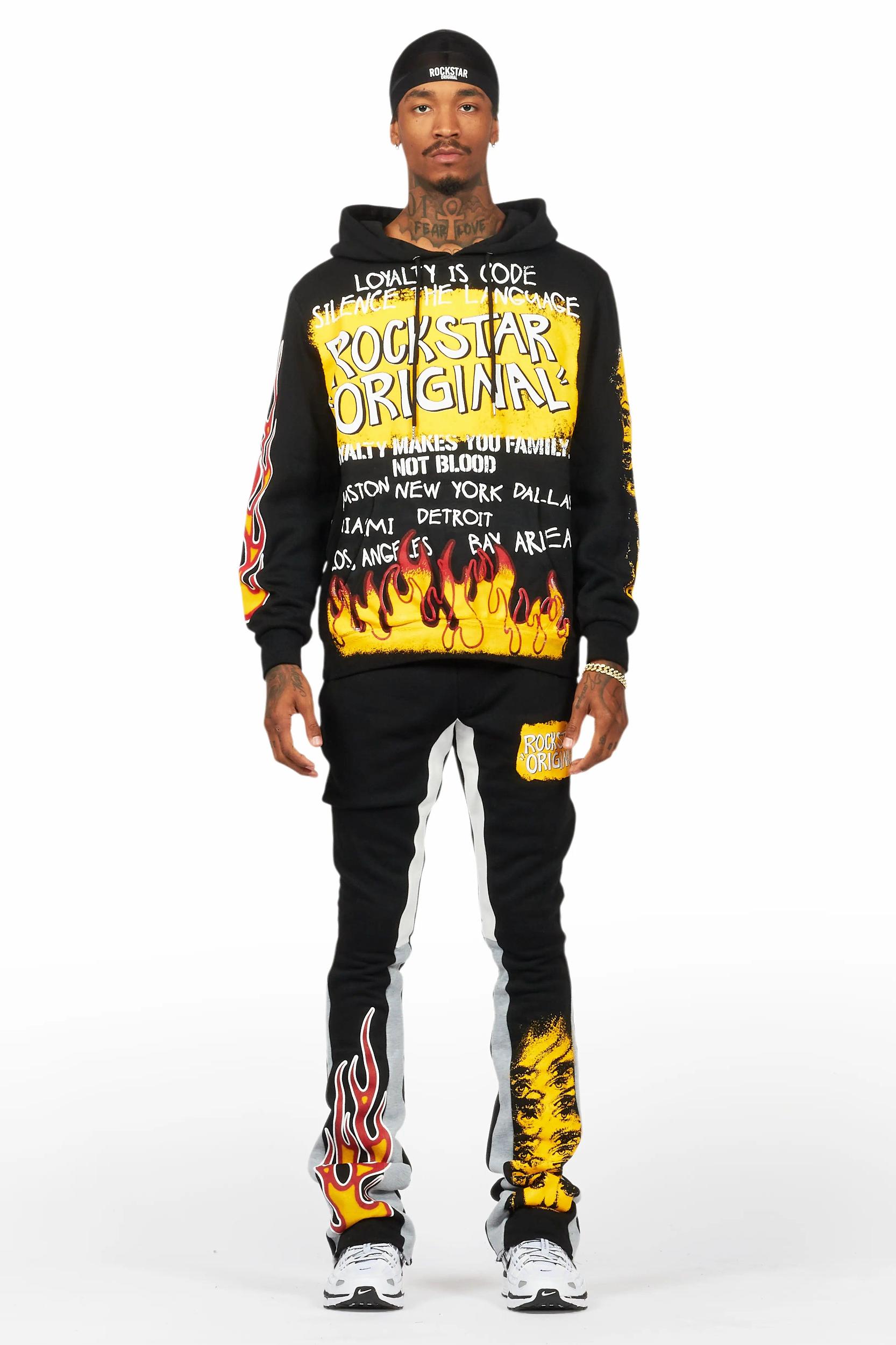 Beno Black/Yellow Stacked Flare Hoodie Track Set Male Product Image