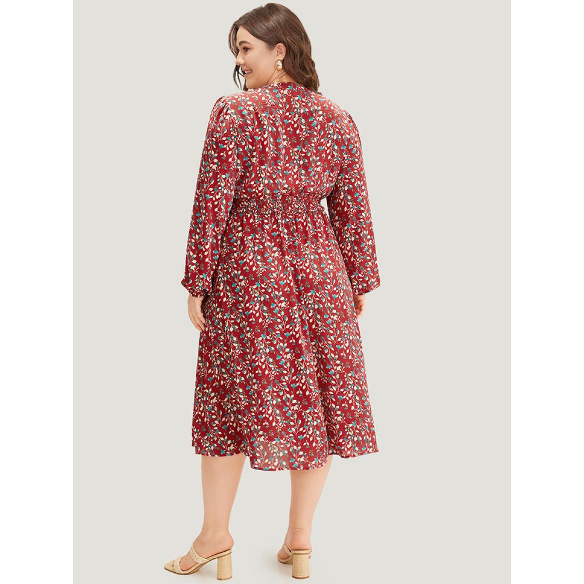 Plus Size Ditsy Floral Pocket Shirred Notched Dress Crimson Women Elegant Elastic cuffs Notched collar Long Sleeve Curvy Midi Dress BloomChic 18-20/2X Product Image
