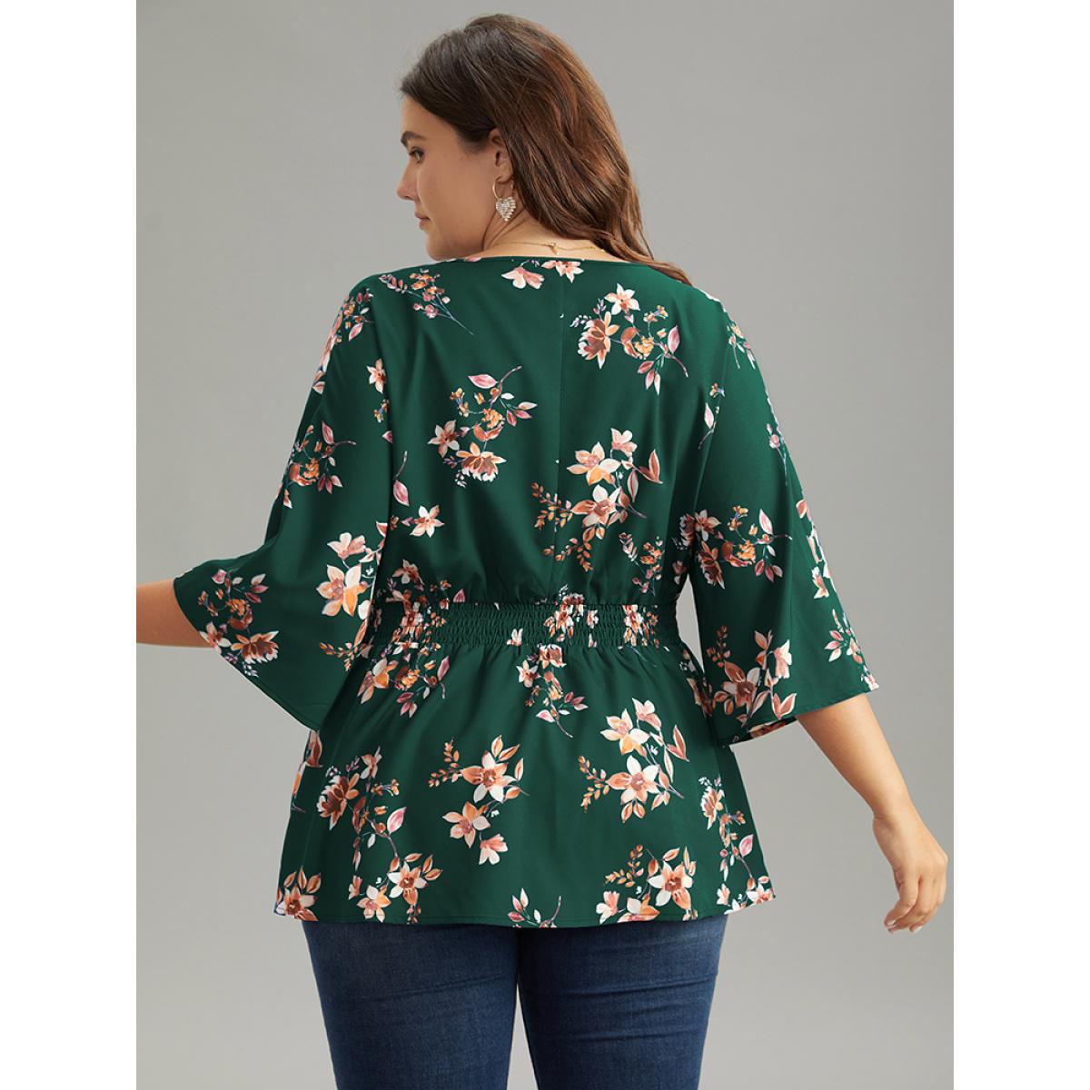 Plus Size DarkGreen Floral Print Shirred Plicated Detail Blouse Women Elegant Elbow-length sleeve V-neck Dailywear Blouses BloomChic 28/5X Product Image