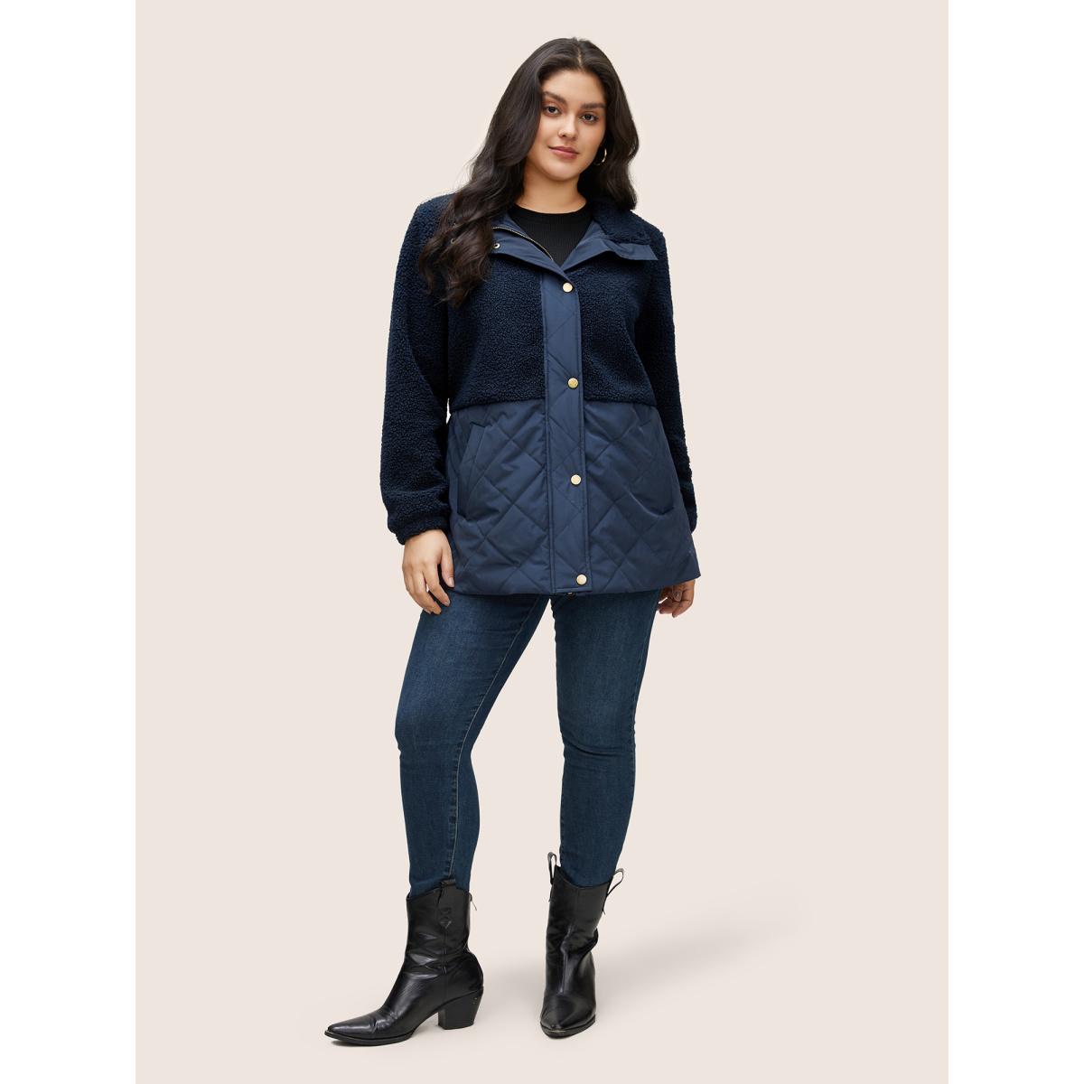Plus Size Fluffy Patchwork Quilted Button Through Coat Women Indigo Casual Lined Ladies Everyday Winter Coats BloomChic 28/5X Product Image