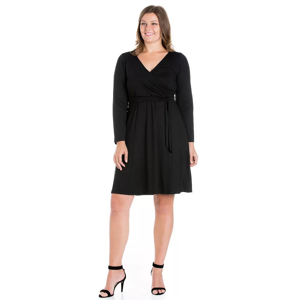 Plus Size 24seven Comfort Apparel Chic V-Neck Long Sleeve Belted Dress, Women's, Size: 3XL, Black Product Image