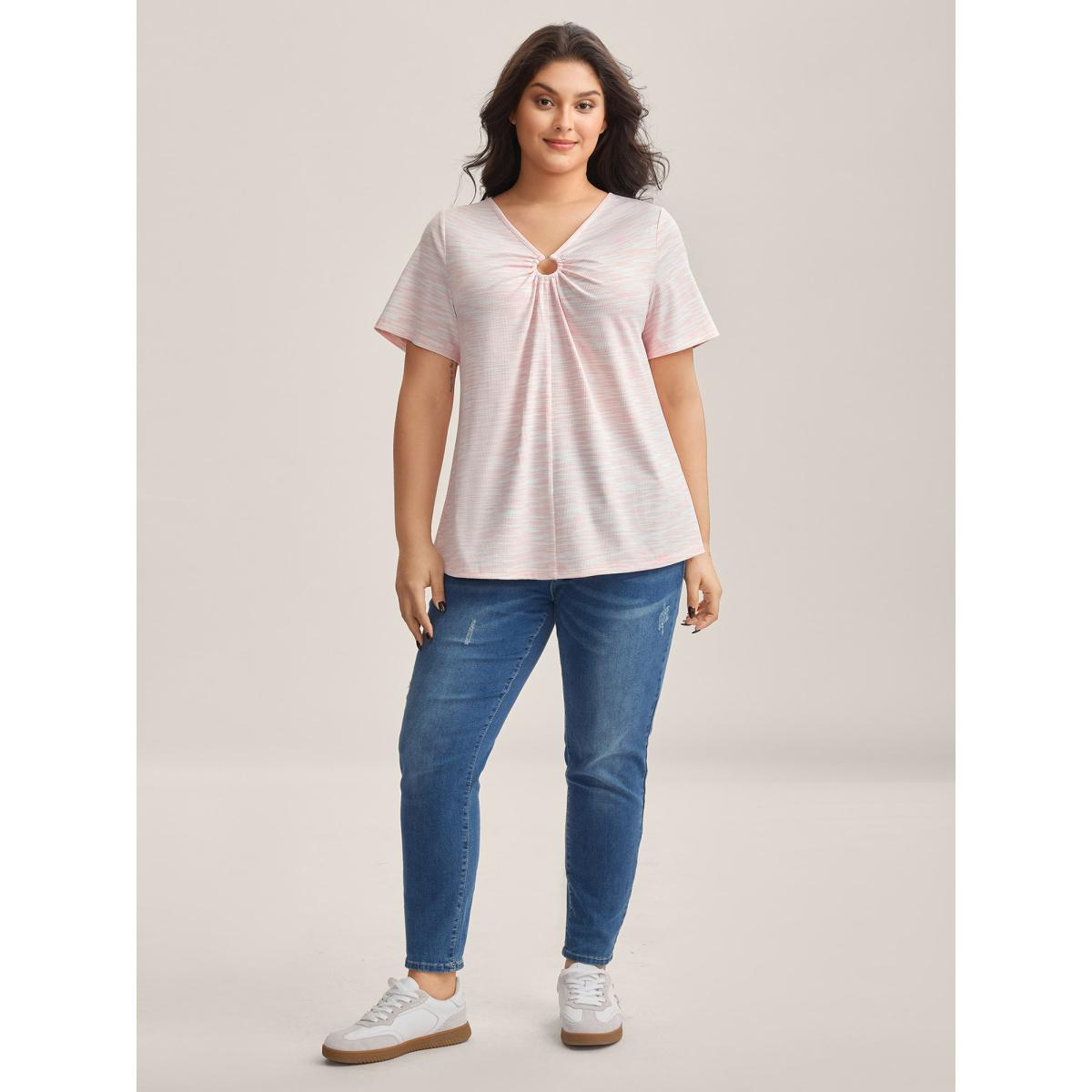 Plus Size Heather Neck Keyhole Solid T-Shirt Lightpink Women Texture V-neck Everyday-Casual T-shirts BloomChic 10/M Product Image