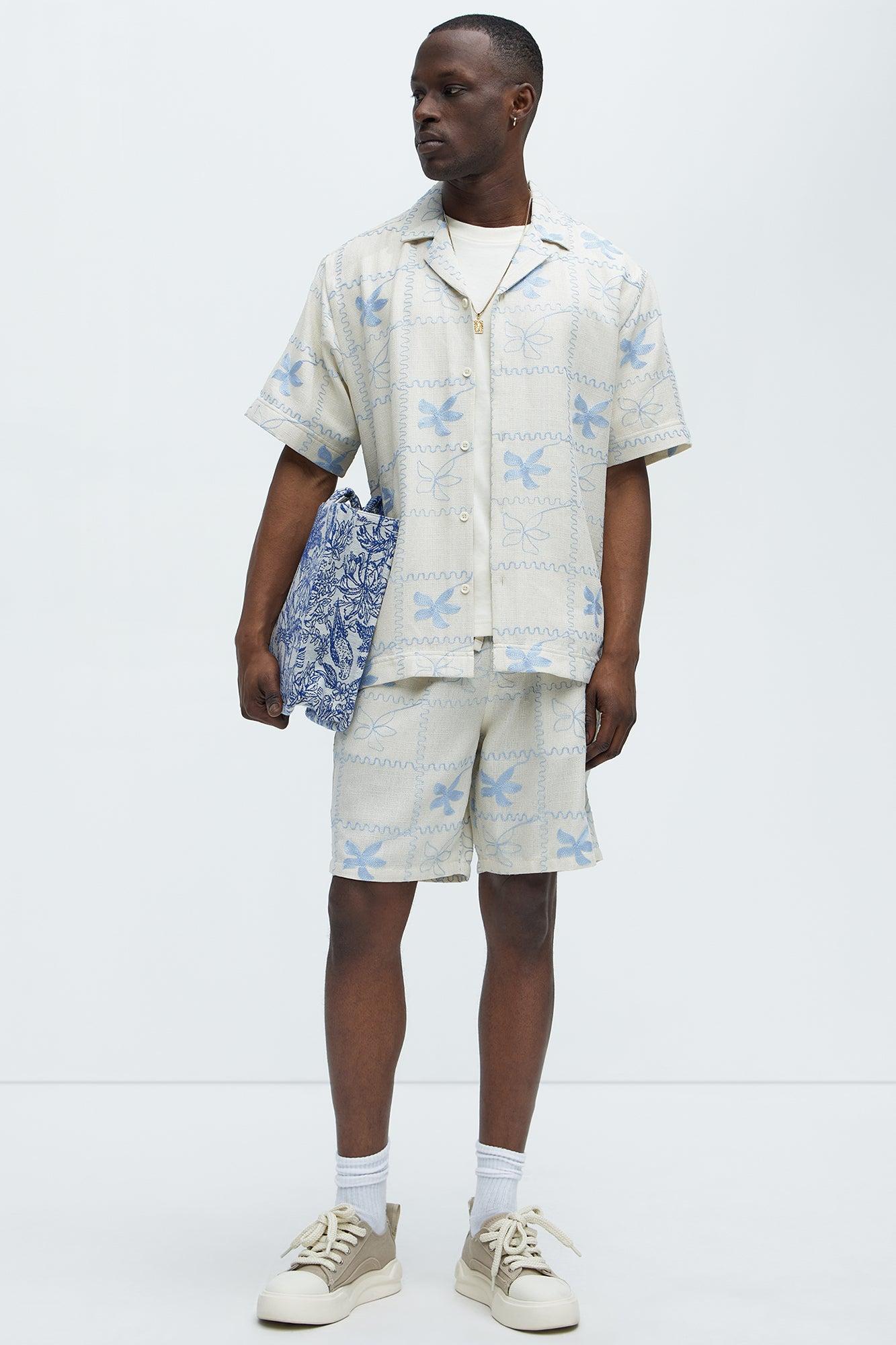 Embroidered Flowers Relaxed Shorts - Off White/combo Product Image