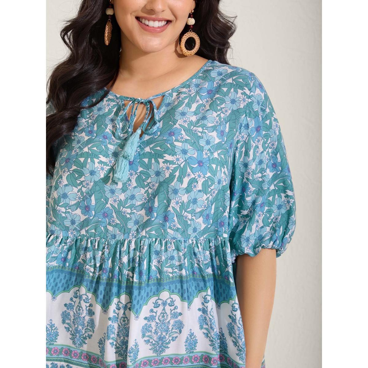 Plus Size Turquoise Boho Floral Print Color Contrast Blouse Women Boho Elbow-length sleeve V-neck Vacation Blouses BloomChic 18-20/2X Product Image