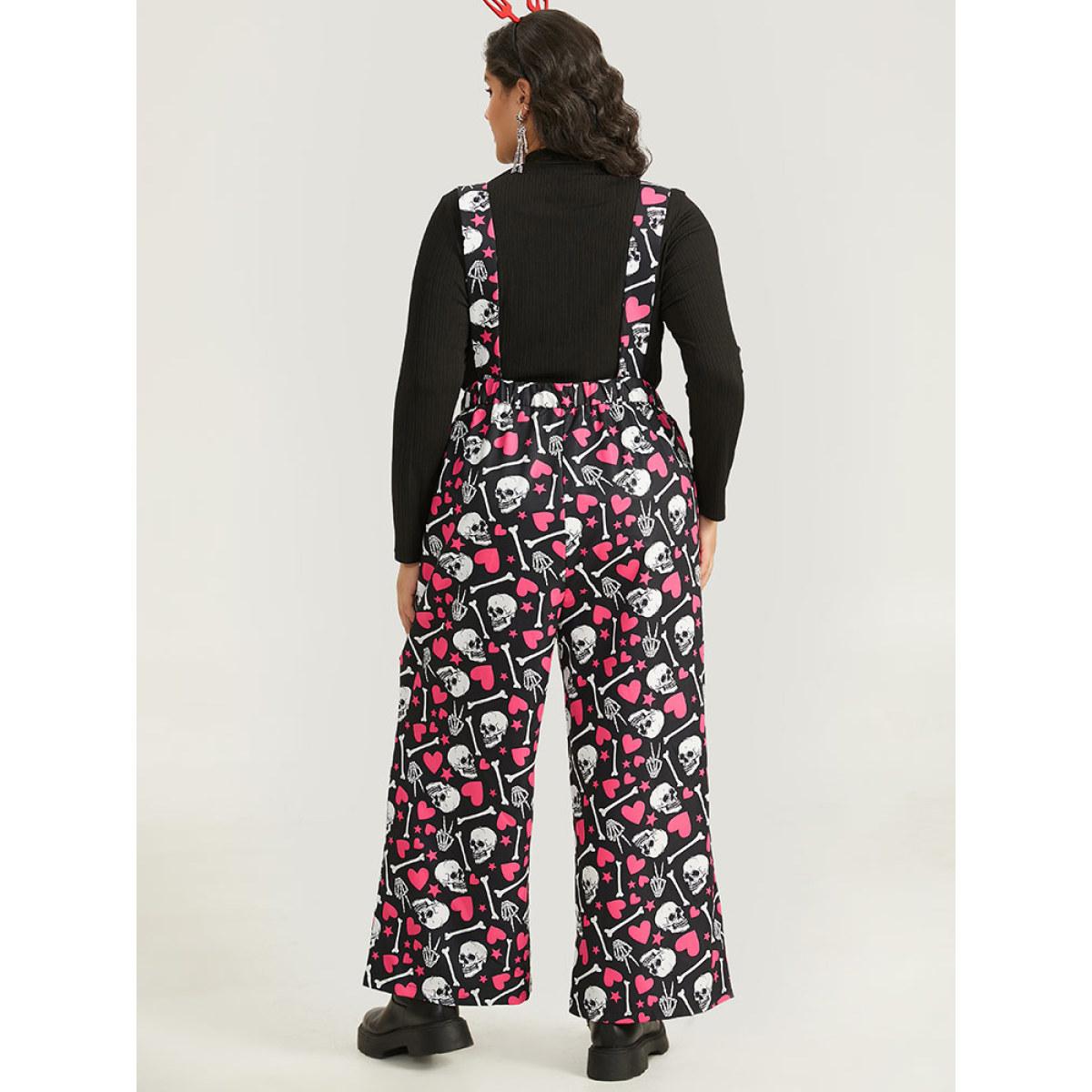 Plus Size Black Halloween Skull &Heart Print Pocket Gathered Jumpsuit Women Casual Sleeveless Spaghetti Strap Festival-Halloween Loose Jumpsuits BloomChic 18-20/2X Product Image