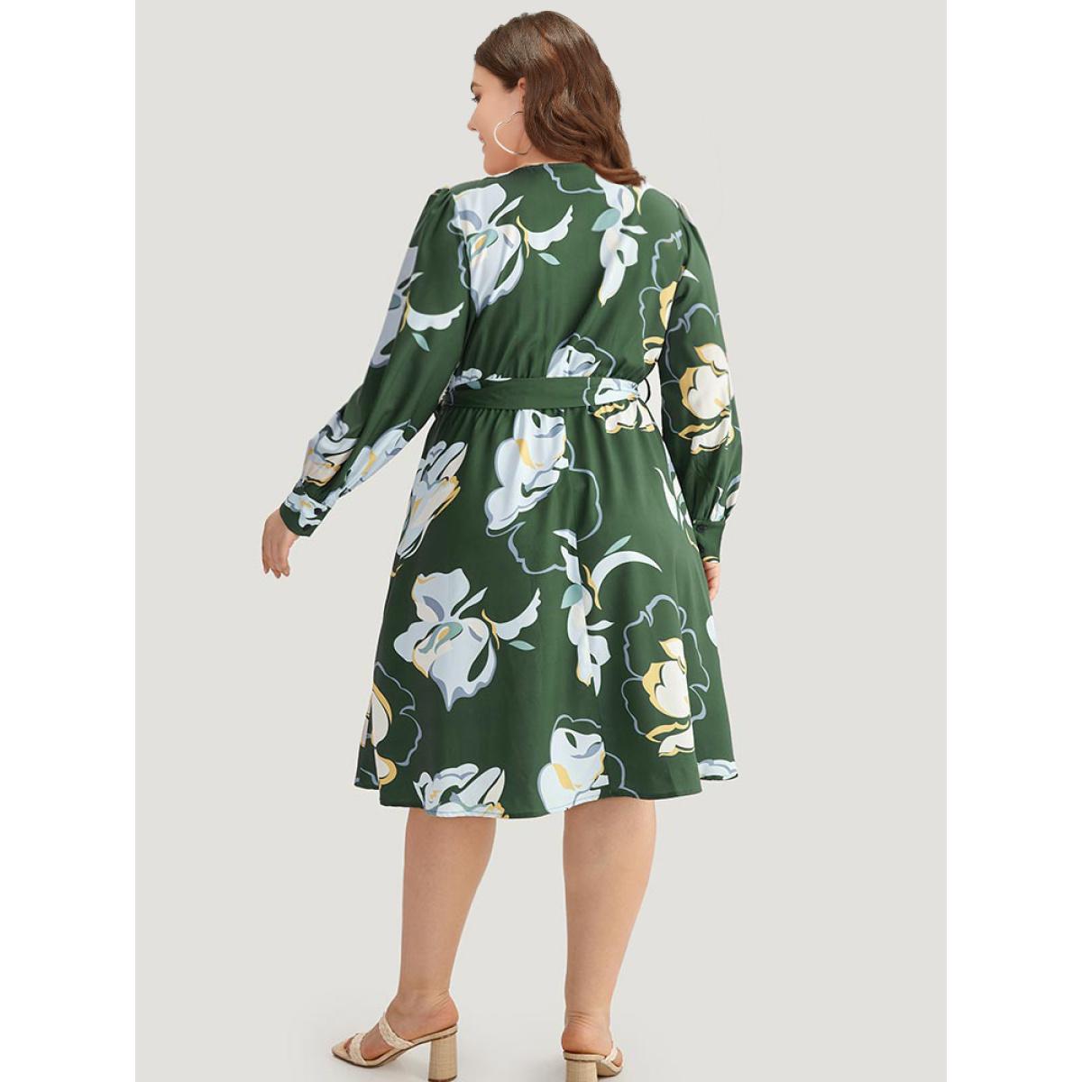 Plus Size Floral Print Belted Long Sleeve Dress DarkGreen Women Vacation Belted V-neck Long Sleeve Curvy Midi Dress BloomChic 28/5X Product Image