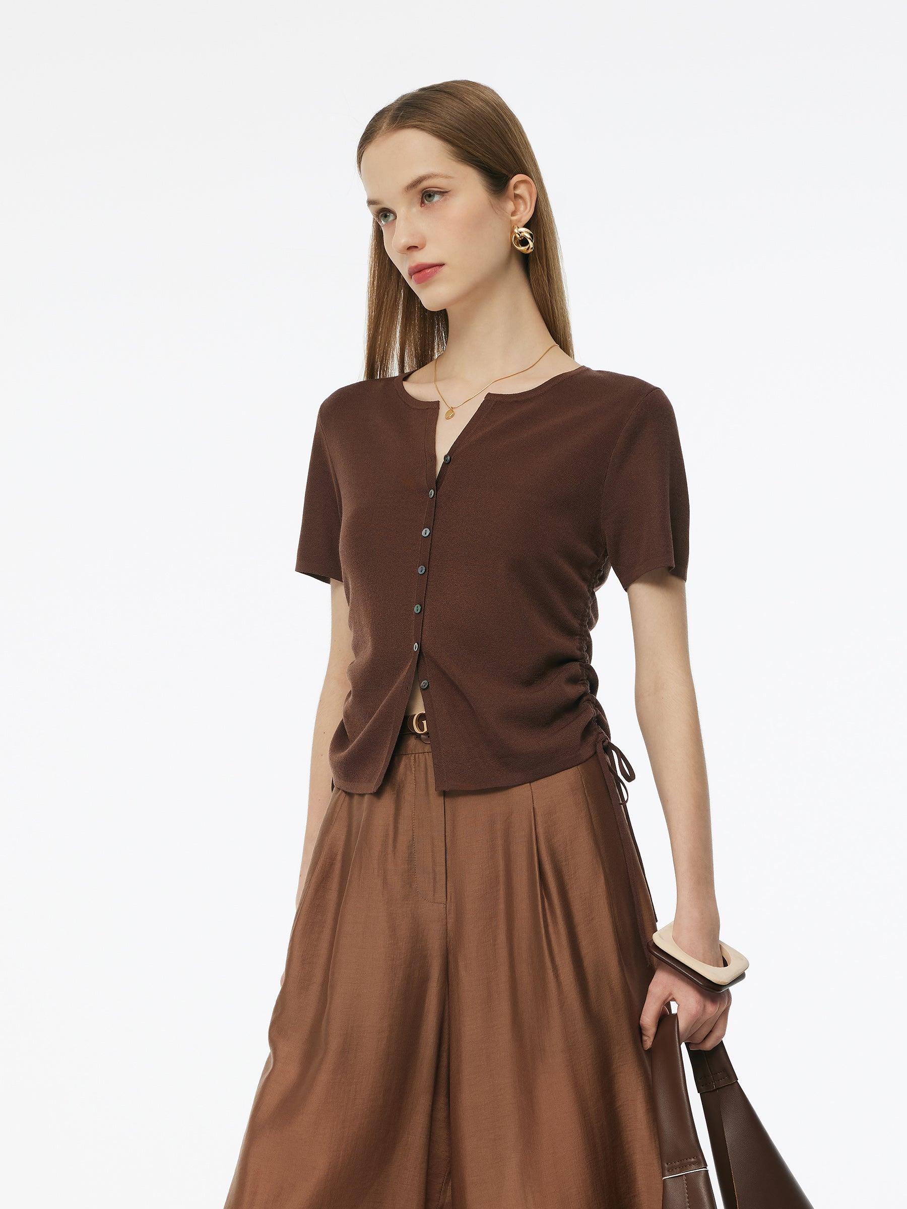 Acetate Tencel Blend Side Drawstring Women Knit Top Product Image