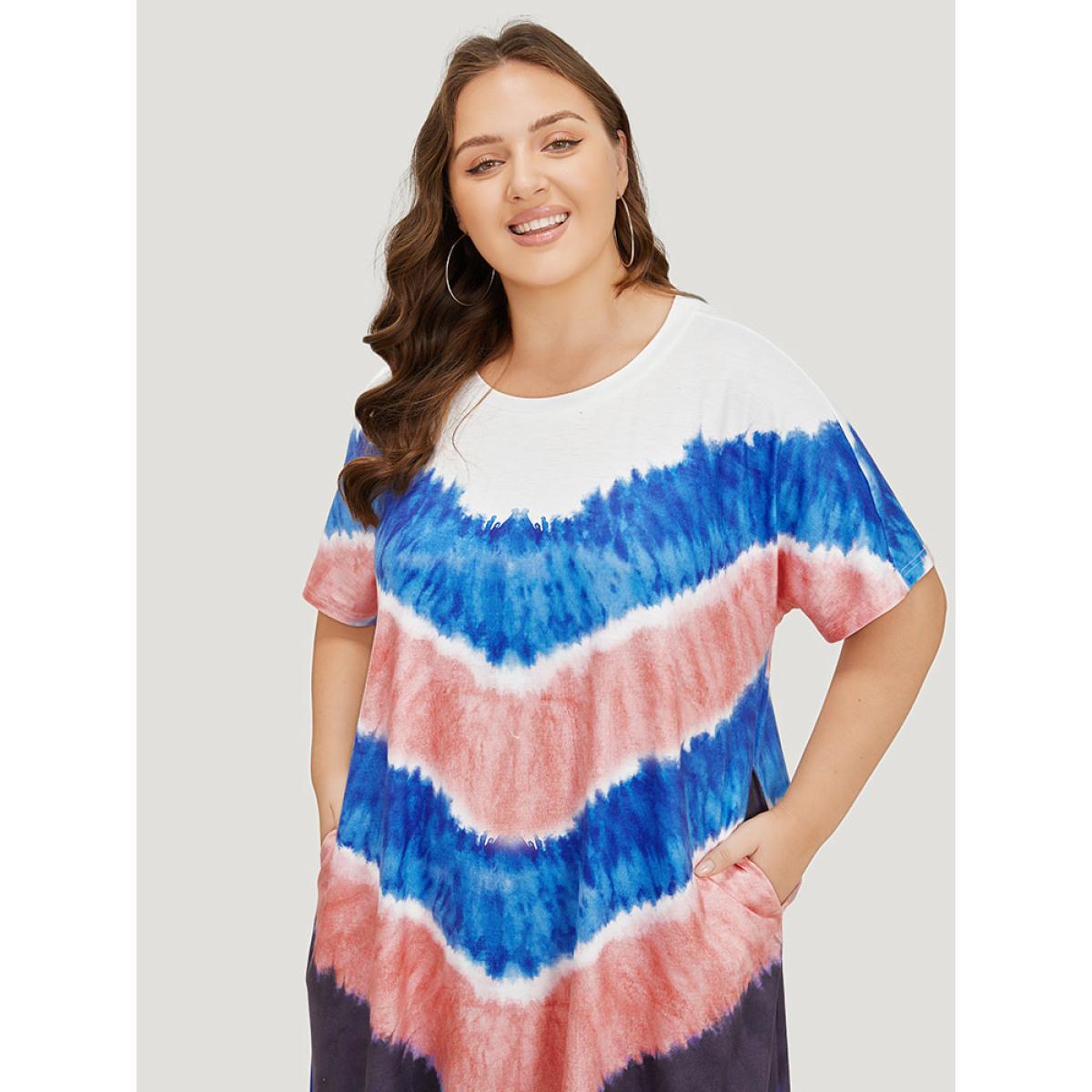 Plus Size Geometric Contrast Pocket Tie Dye Midi Dress Multicolor Women Casual Printed Round Neck Short sleeve Curvy Midi Dress BloomChic 14-16/1X Product Image
