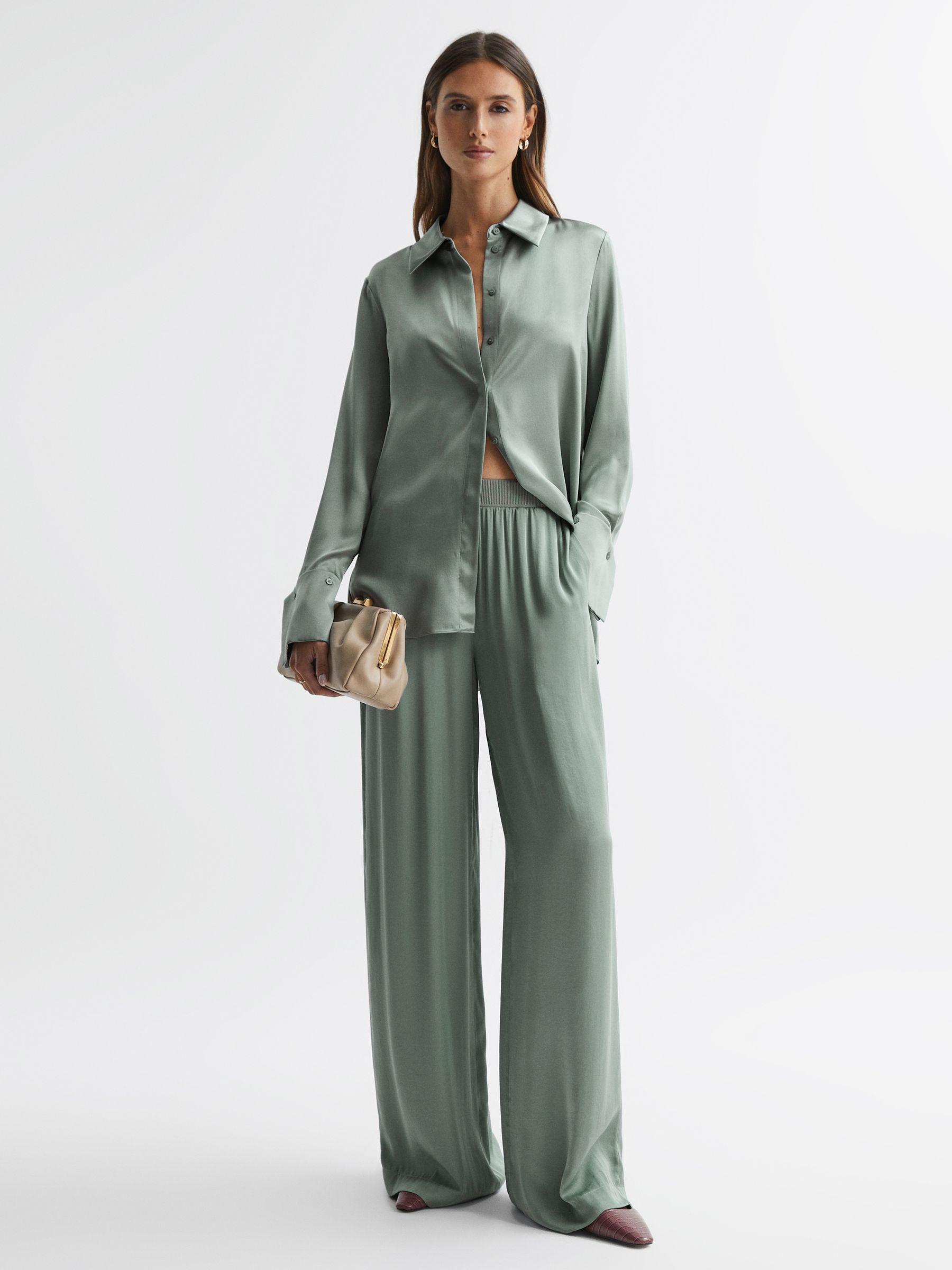 Petite Wide Leg Elasticated Waist Trousers in Sage Product Image