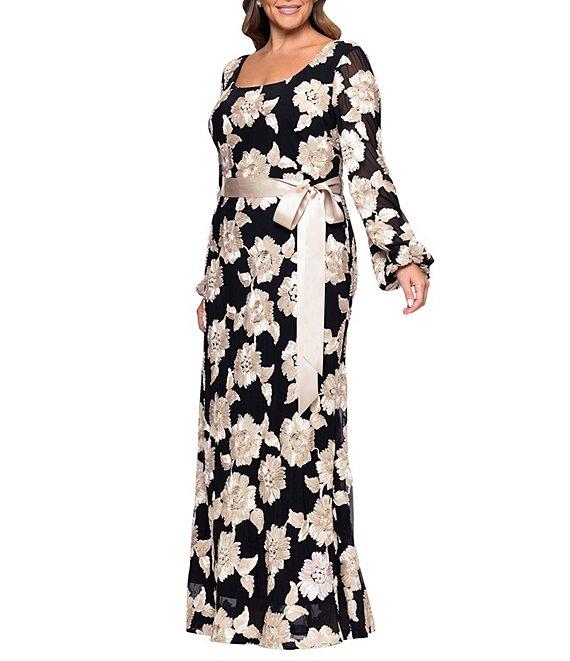 Betsy & Adam Plus Size Soutache Floral Print Long Sleeve Ribbon Belt Gown Product Image