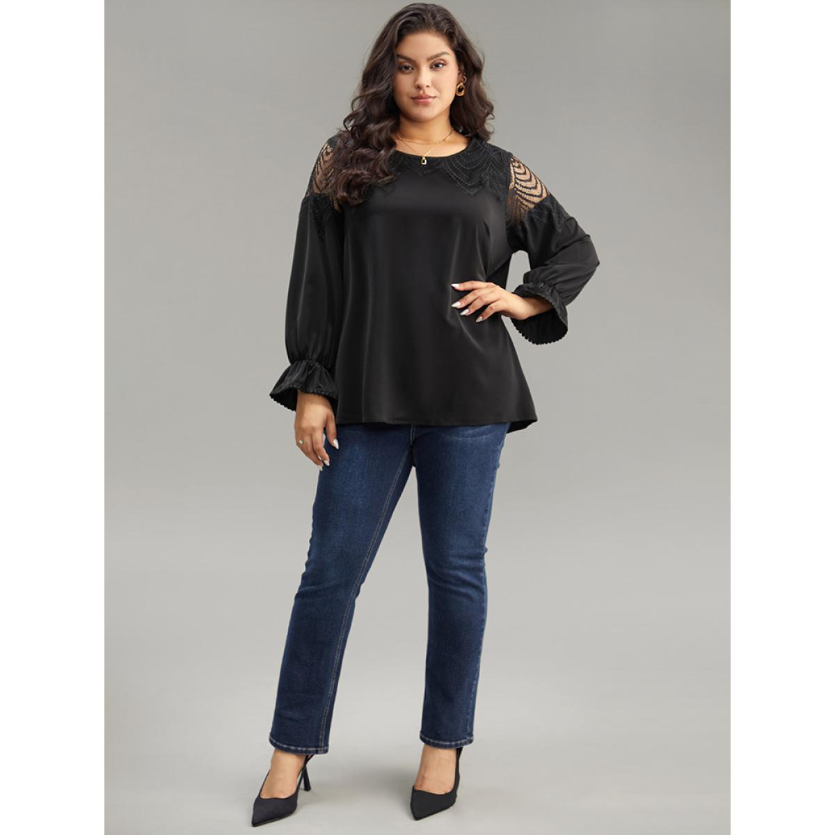 Plus Size Black Anti-Wrinkle Solid Lace Panel Lantern Sleeve Blouse Women Elegant Long Sleeve Round Neck Dailywear Blouses BloomChic 26/4X Product Image