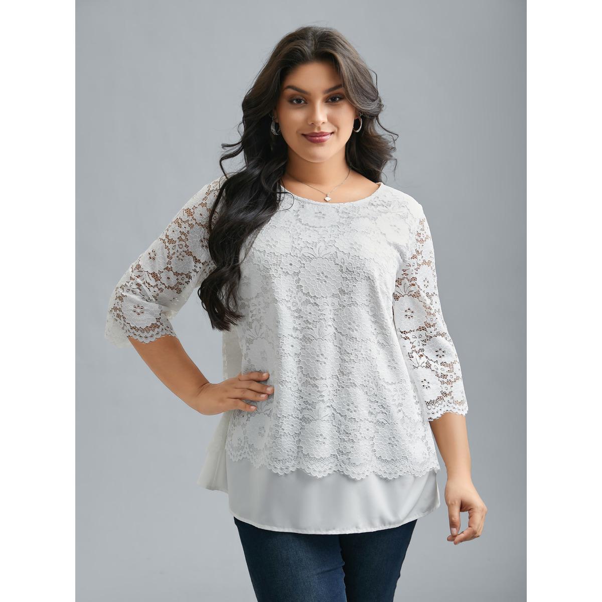 Plus Size Opticwhite Layered Crochet Lace Semi-Sheer Blouse Women Elegant Elbow-length sleeve Round Neck Everyday Blouses BloomChic 12/L Product Image