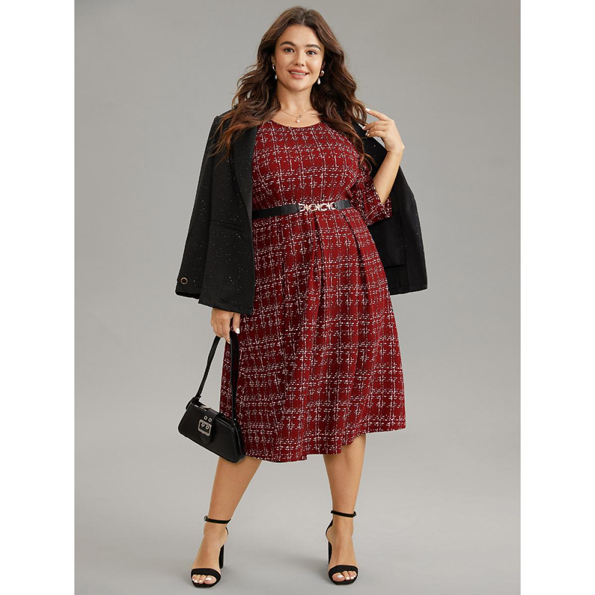 Plus Size Geometric Elastic Waist Round Neck Cropped Dress Scarlet Women At the Office Printed Round Neck Elbow-length sleeve Curvy Midi Dress BloomChic 22-24/3X Product Image