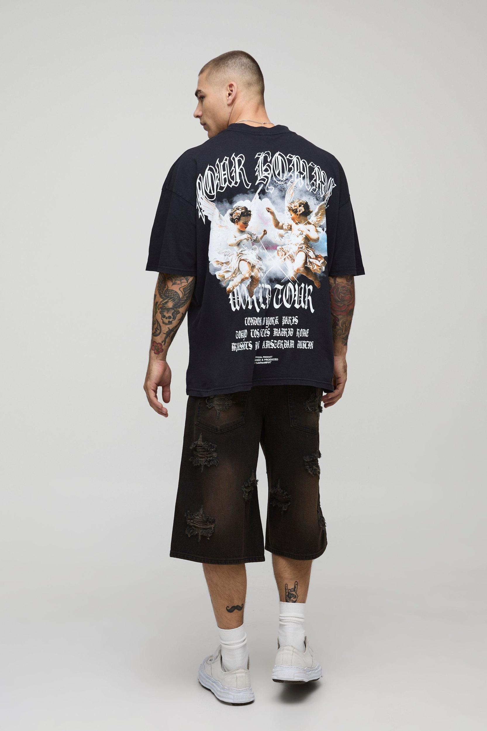 Black Oversized Extended Neck Washed Renaissance Cherub T-Shirt | boohooMAN USA Product Image