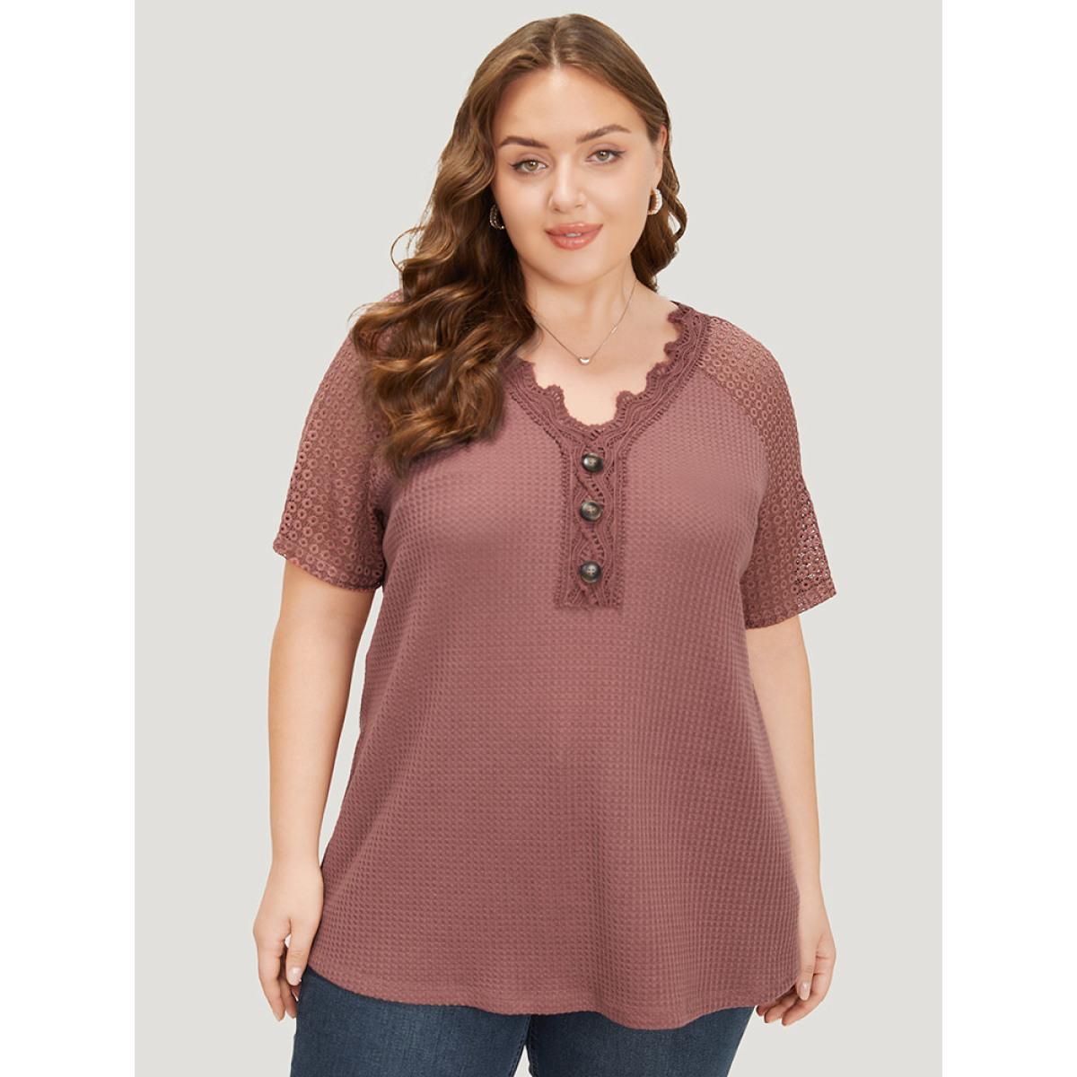 Plus Size Plain Contrast Lace Raglan Sleeve Button Detail T-shirt DustyPink Women Elegant Lace Plain V-neck Dailywear T-shirts BloomChic 10/M Product Image
