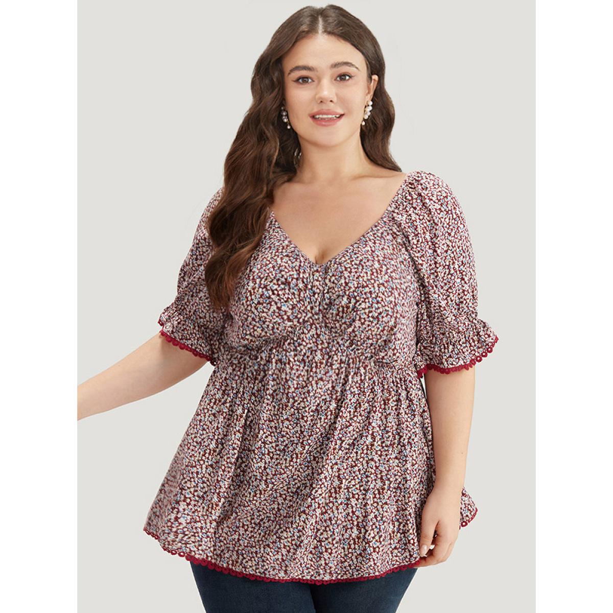 Plus Size Scarlet Ditsy Floral Ruched V Neck Lace Patchwork Blouse Women Elegant Half Sleeve V-neck Dailywear Blouses BloomChic 10/M Product Image