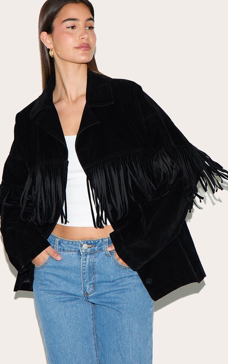 Black Faux Suede Heavy Fringed Jacket Product Image