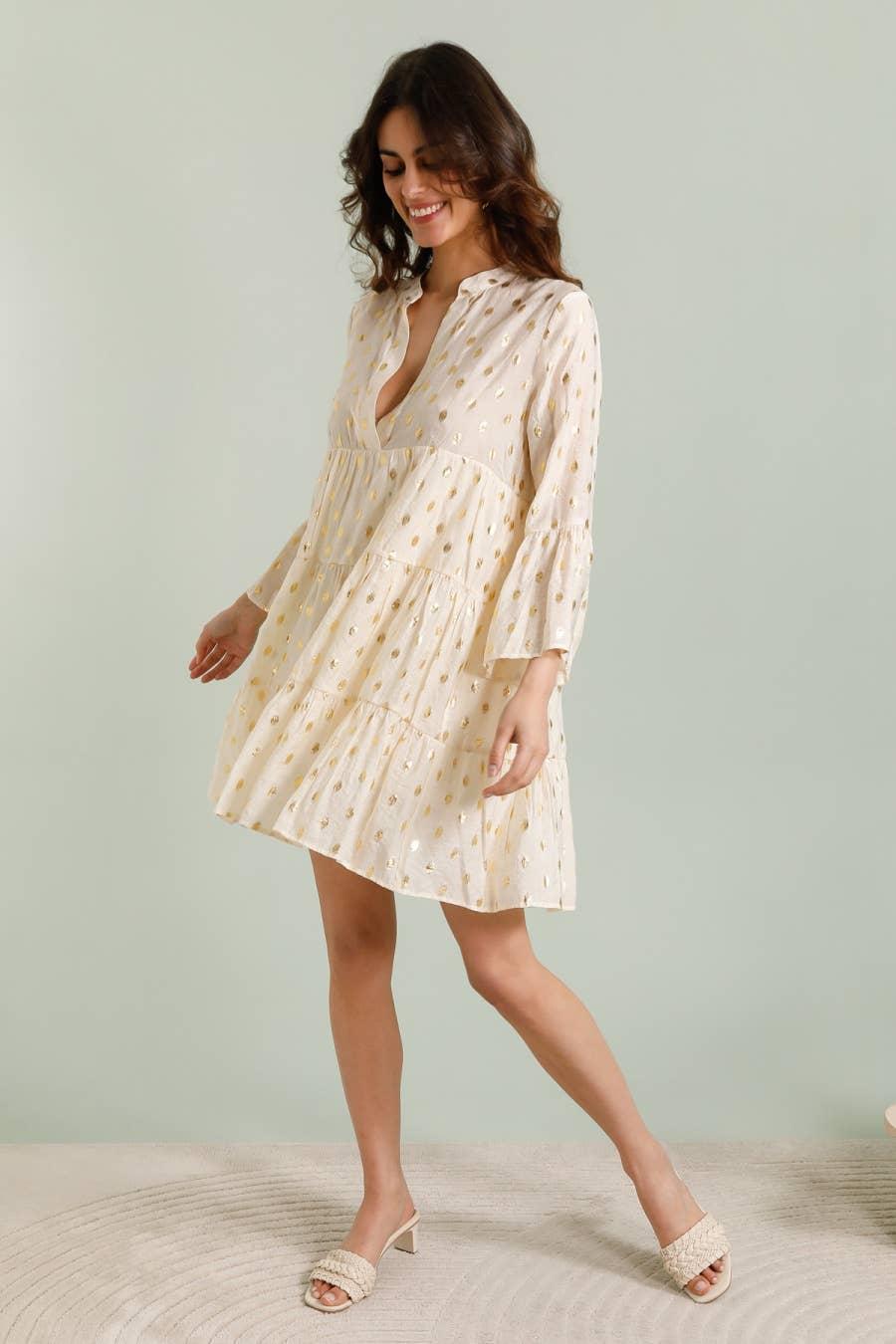 Saint Tropez Silk Dress- Ecru and Gold Product Image