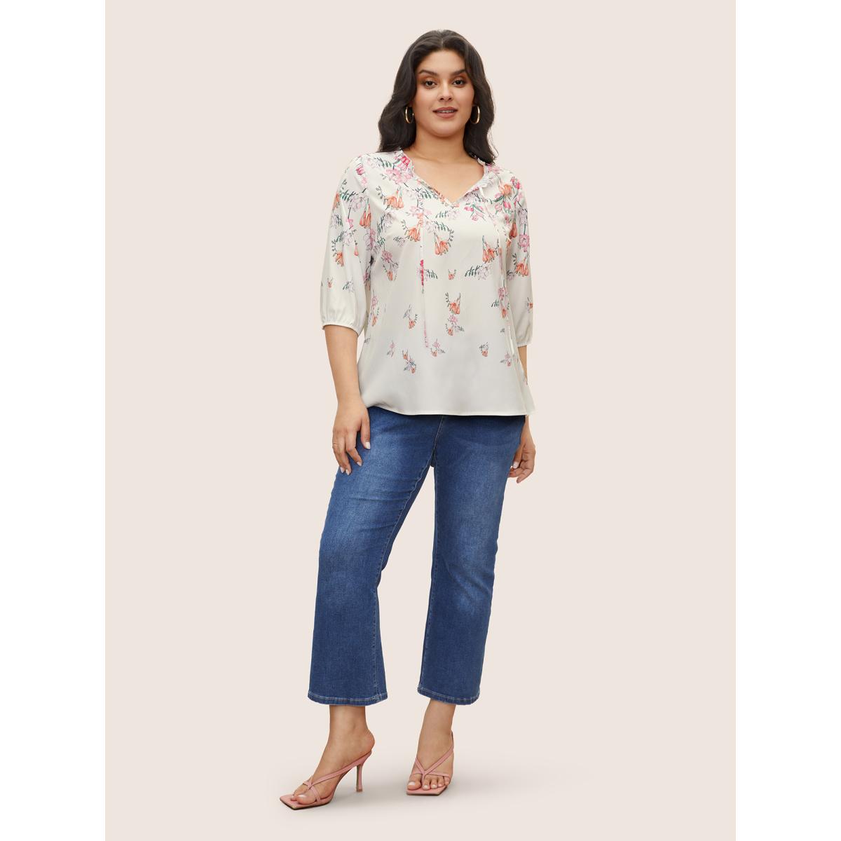 Plus Size White Boho Print Tie Neck Frill Trim Blouse Women Elegant Elbow-length sleeve Notched collar Everyday Blouses BloomChic 26/4X Product Image