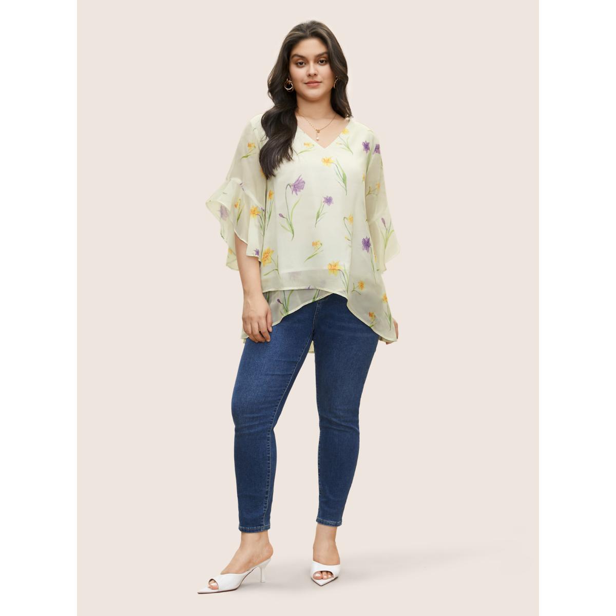 Plus Size Ivory Floral Tiered Mesh Asymmetrical Hem Blouse Women Elegant Everyday Blouses BloomChic 18-20/2X Product Image