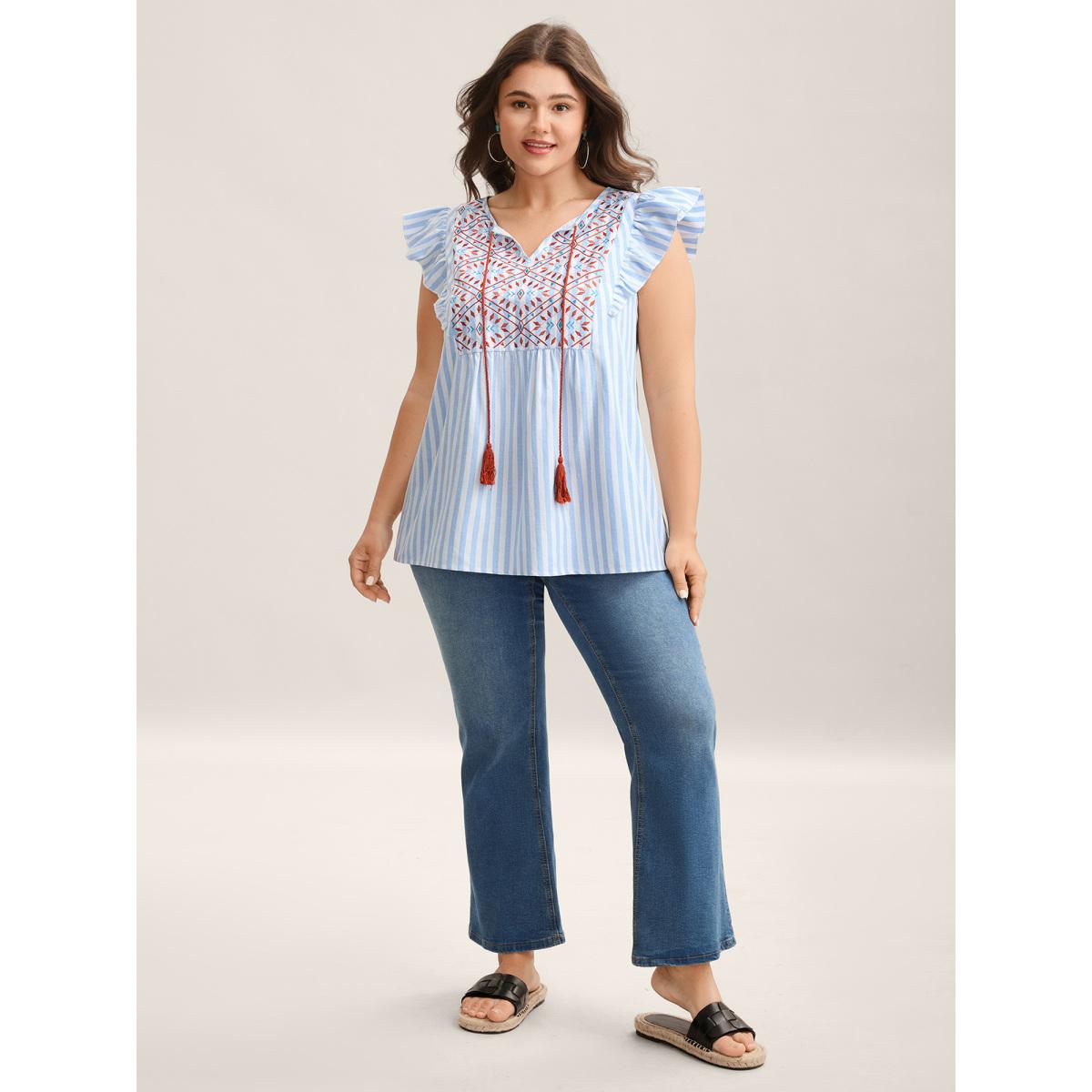 Plus Size Skyblue Embroidered Stripe Neck Tie Blouse Women Boho Cap Sleeve Notched collar Vacation Blouses BloomChic 22-24/3X Product Image