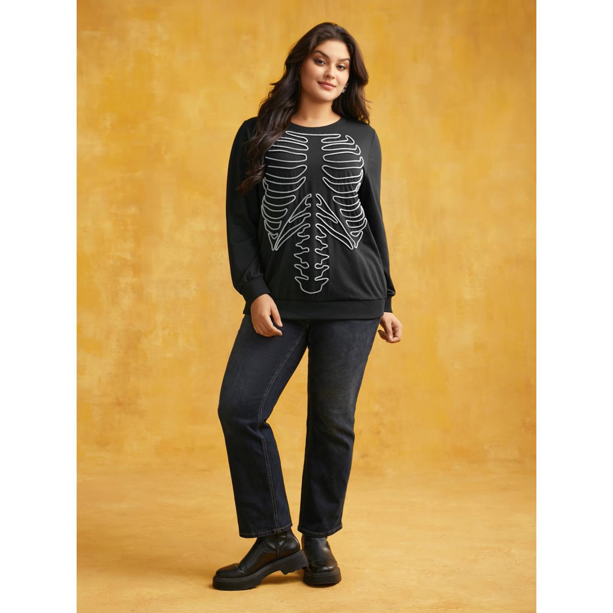 Plus Size Skeleton Embroidered Crew Neck Sweatshirt Women Multicolor Leisure Patchwork Loose Round Neck Casual Sweatshirts BloomChic 30/6X Product Image