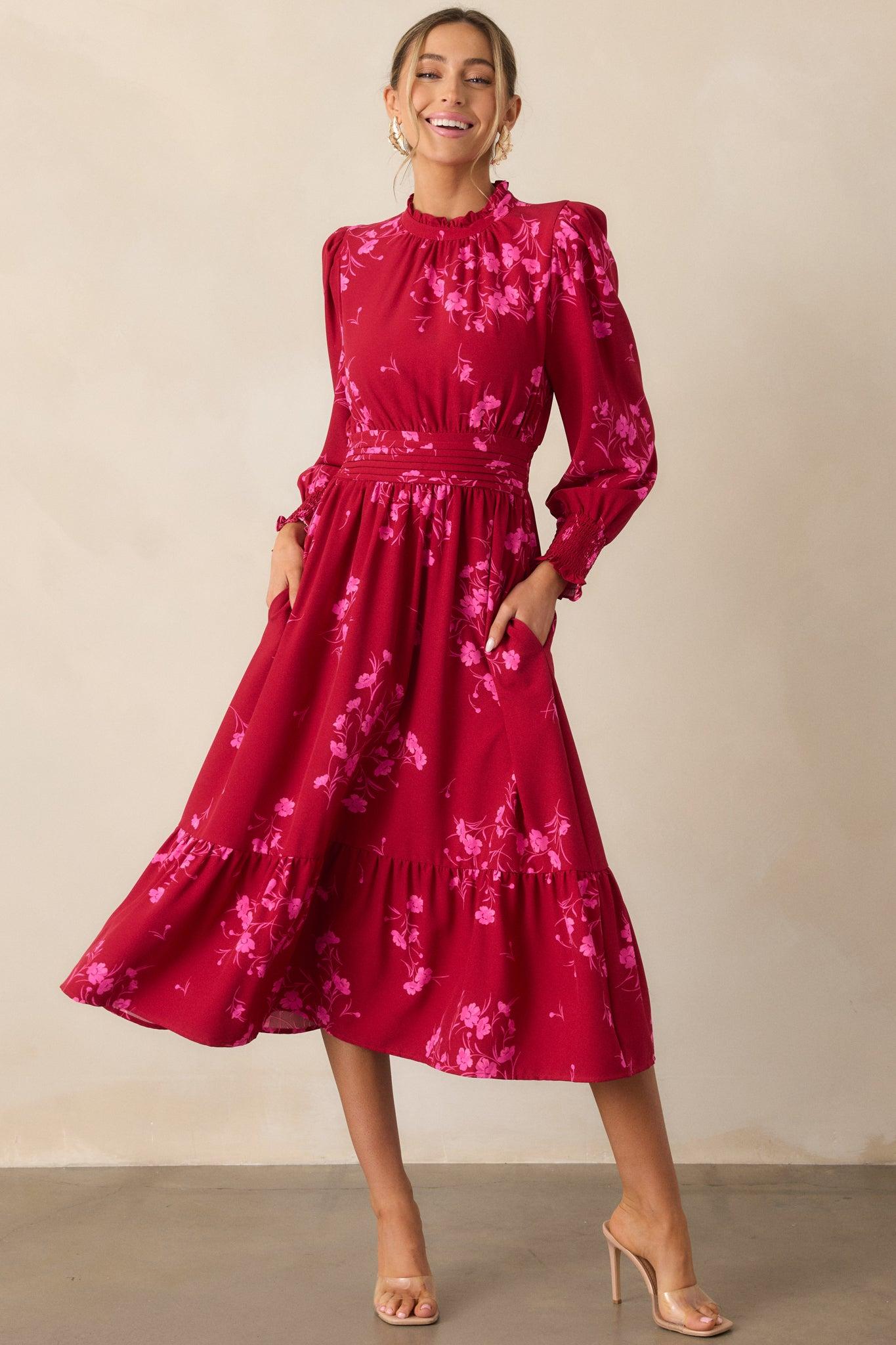 Flower Shop Stop Cherry Pink Floral Long Sleeve Midi Dress Product Image