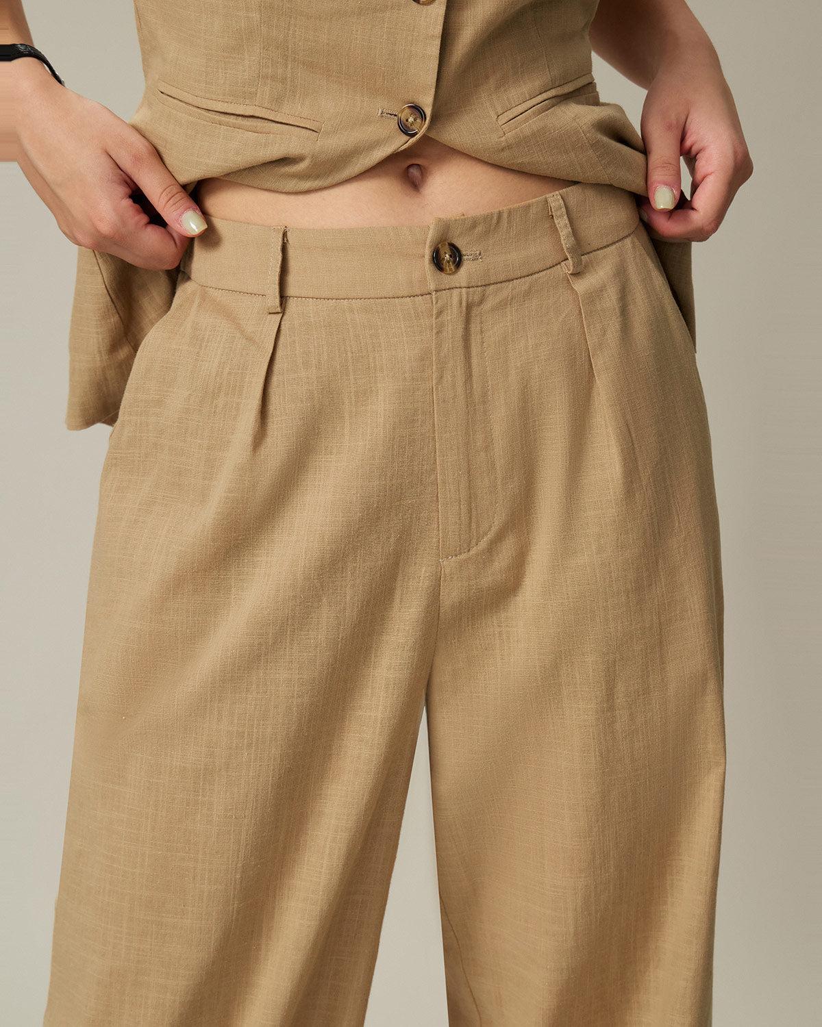 Brown Elastic Waist Pocket Straight Pants Product Image