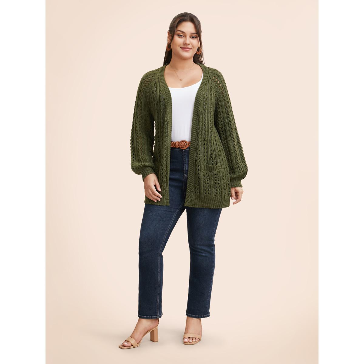 Plus Size Solid Cable Knit Raglan Sleeve Cardigan Olive Women Casual Loose Long Sleeve Everyday Cardigans BloomChic 12/L Product Image
