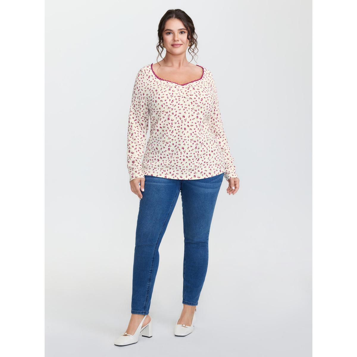 Plus Size Cherry Print Pleated Stretchy T-Shirt Ivory Women Timeless Woven ribbon&lace trim Square Neck Elegant T-shirts BloomChic 18-20/2X Product Image