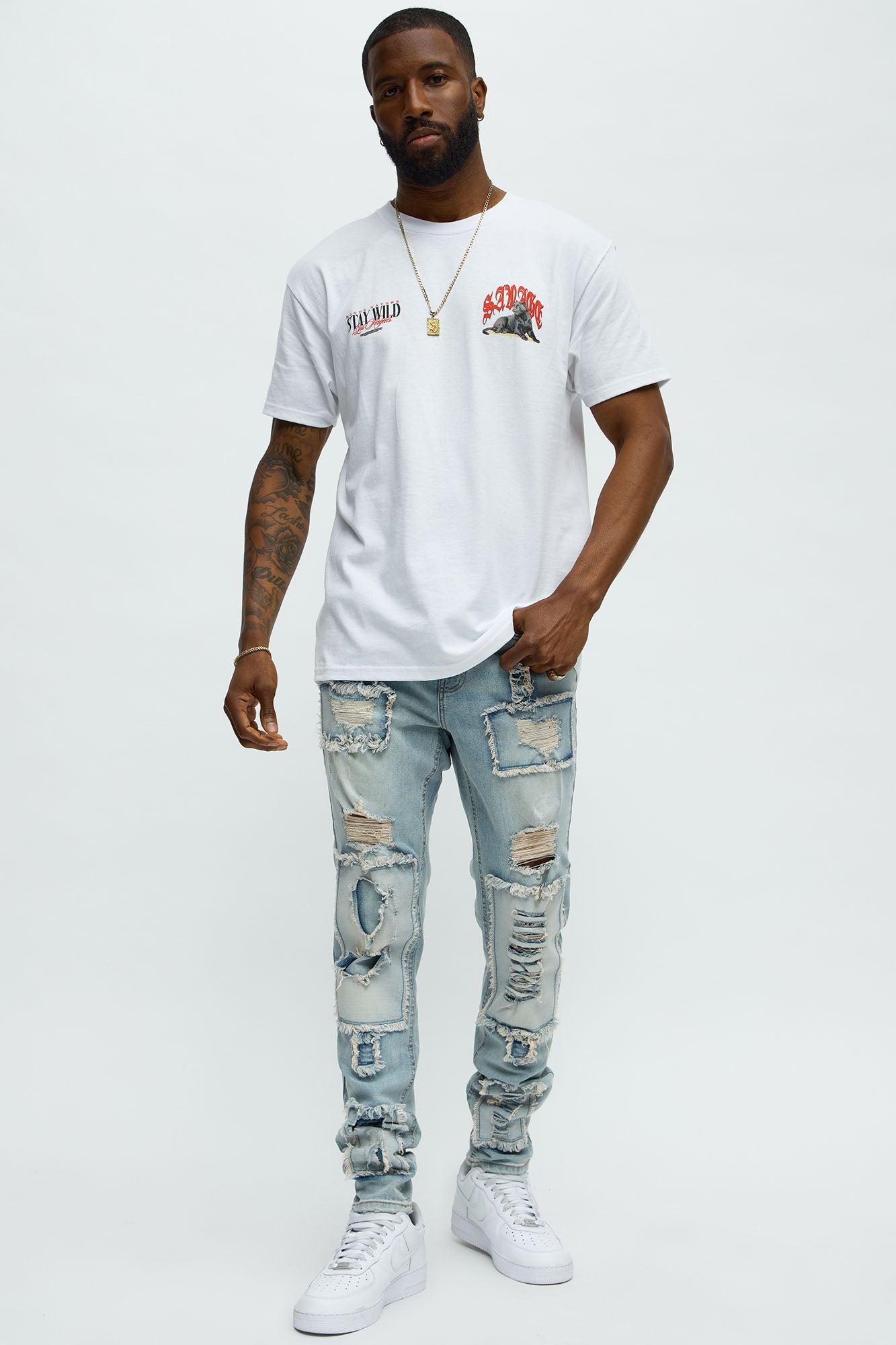 Shredded Patchwork Skinny Jeans - Light Wash Male Product Image