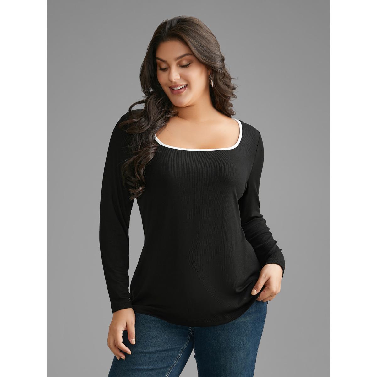 Plus Size Square Neck Contrast Trim T-shirt Black Women Casual Texture Square Neck Bodycon Everyday T-shirts BloomChic 30/6X Product Image