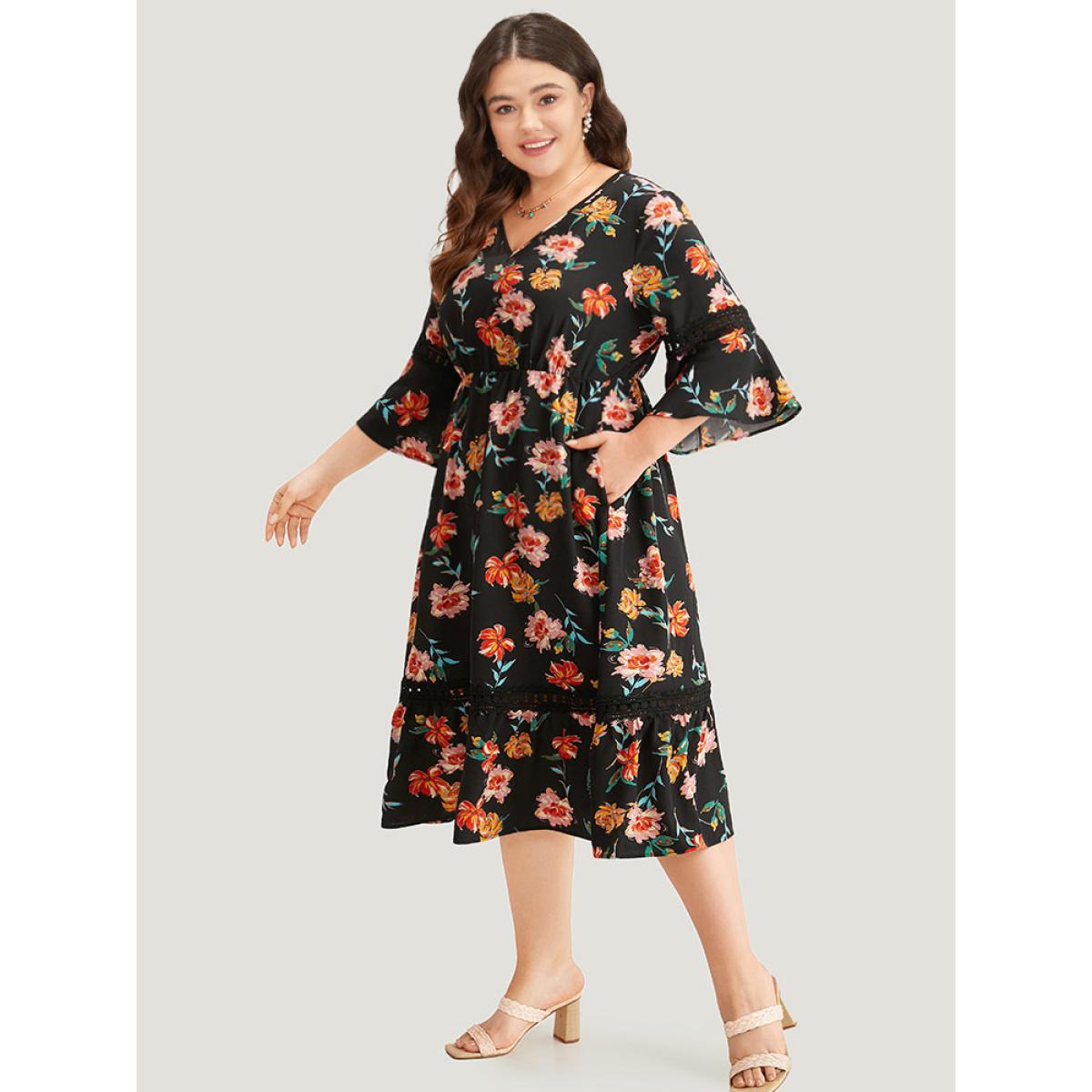 Plus Size Floral Bell Sleeve Pocket Lace Panel Dress Black Women Vacation Printed V-neck Elbow-length sleeve Curvy Midi Dress BloomChic 14-16/1X Product Image