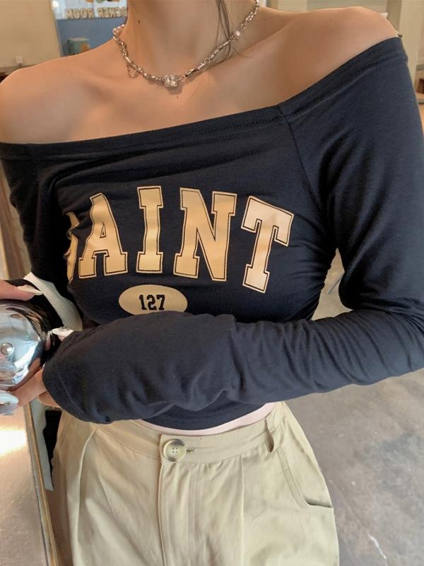 Letter Print Off Shoulder Long Sleeve Tee Product Image