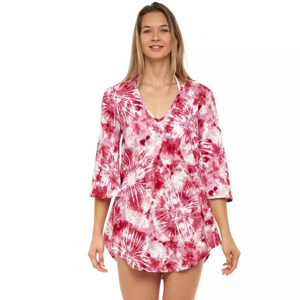 Women's Jordan Taylor V-Neck Tie Dye Print Coverup Swim Tunic, Size: XL, Pink Ivory Product Image